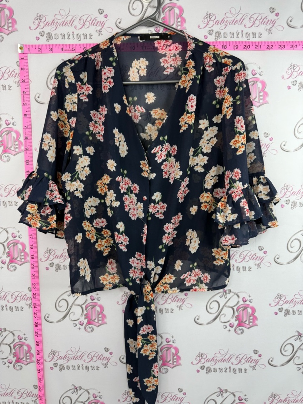 Bikbok shirt ribbon Tie-Front Floral Blouse - Navy Floral flowers bell sleeves